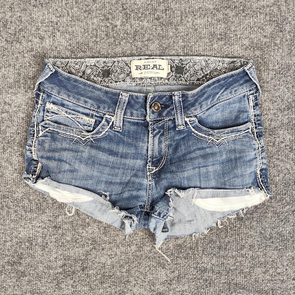 Ariat Denim Shorts Womens 29 Blue Distressed Cutoff Raw Hem Embroidered Pockets